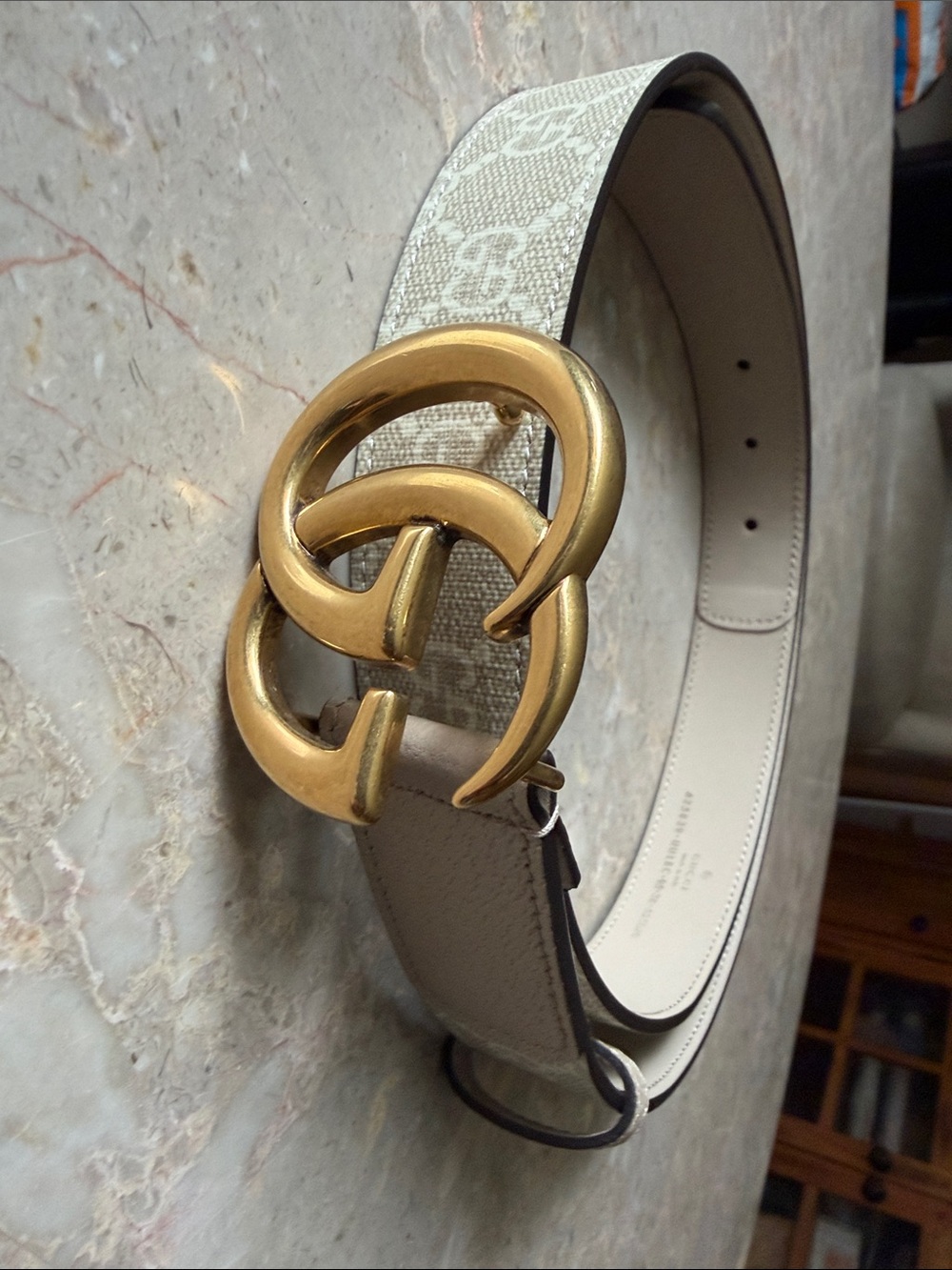 Gucci Beige Monogram Canvas Belt with Gold Double G Buckle